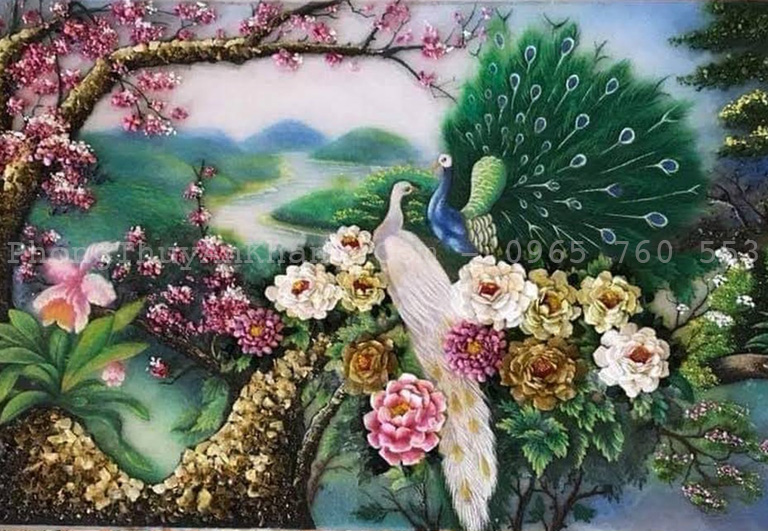 Tranh công phượng phú quý cát tường bằng đá quý