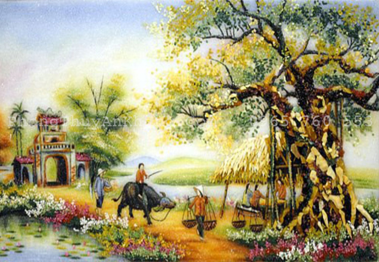Tranh đá quý cảnh đồng quê mừng tân gia