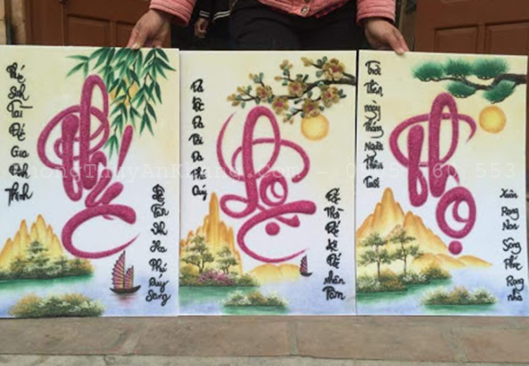 Tranh đá quý Phúc - Lộc - Thọ treo phòng khách