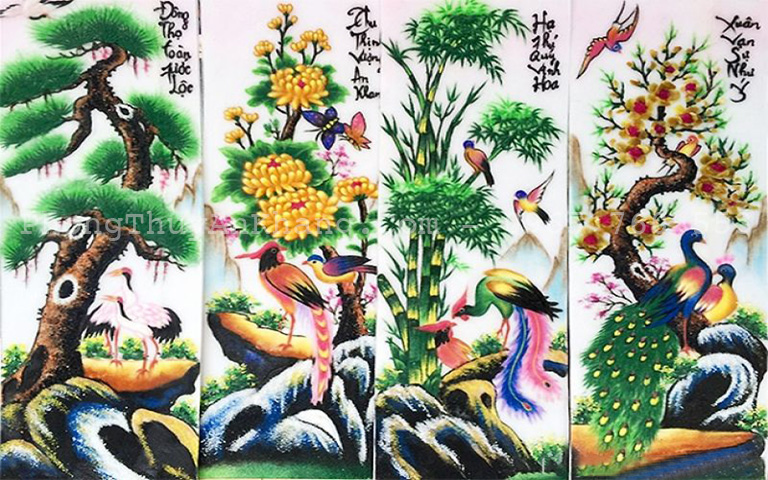 Tranh tùng cúc trúc mai bằng đá quý treo phòng khách
