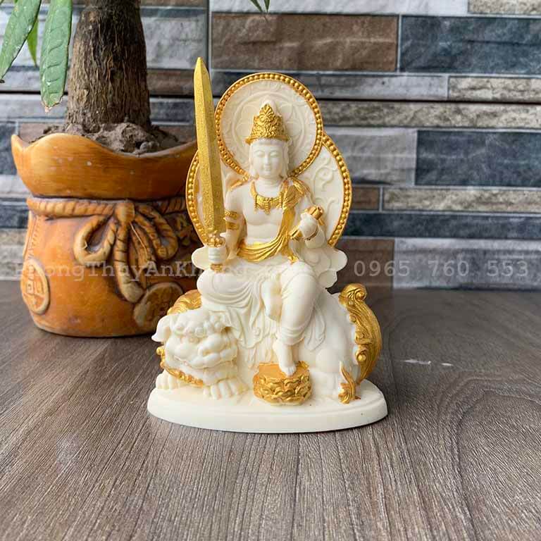 Tượng Phật Văn Thù Bồ Tát đá bột ép màu trắng cao cấp